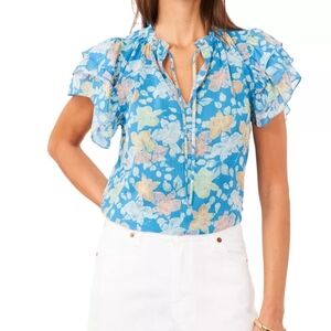 1.State Floral Chiffon Peasant Top Flutter Sleeves Girly Blue Spring Blouse